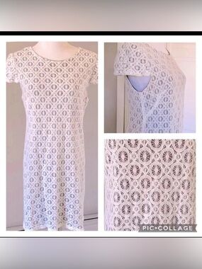 Ivory Crochet Lace Shift Dress Cap Sleeve Cream Boho Size 10